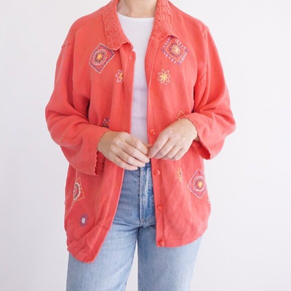 Vintage Tabi Coral Knit w Floral Aztec Cotton Blend Button Cardigan Sweater Xl - Picture 2 of 11